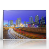 Art deco poster depicting Connecticut scenery in muted gray and blue tones, acrylic print framed in white.