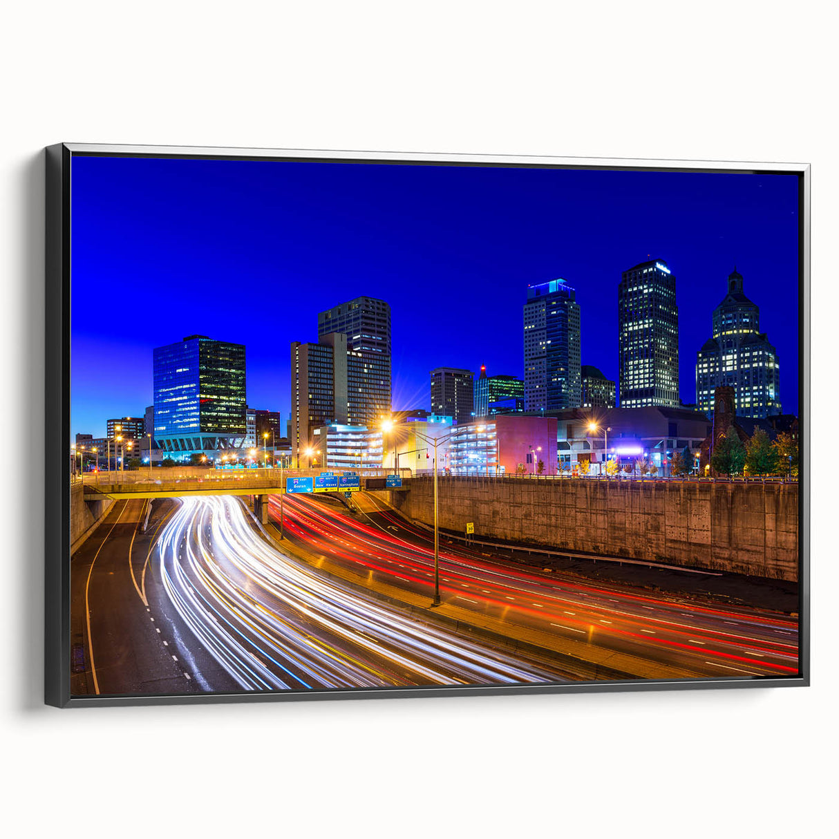 Black and white framed canvas of a Connecticut landscape, ideal for bedroom wall art, featuring vintage poster style.