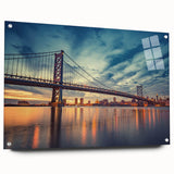 Large abstract wall art depicting a Delaware scenery in muted gray and blue tones on acrylic glass.