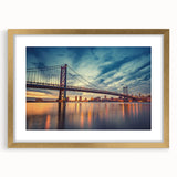 Extra large abstract art print of a Delaware scenery in textured style with gold frame, suited for living room decor.