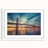 Abstract art print of Delaware scenery in muted earth tones on a framed white mat, suitable for dining room decor.