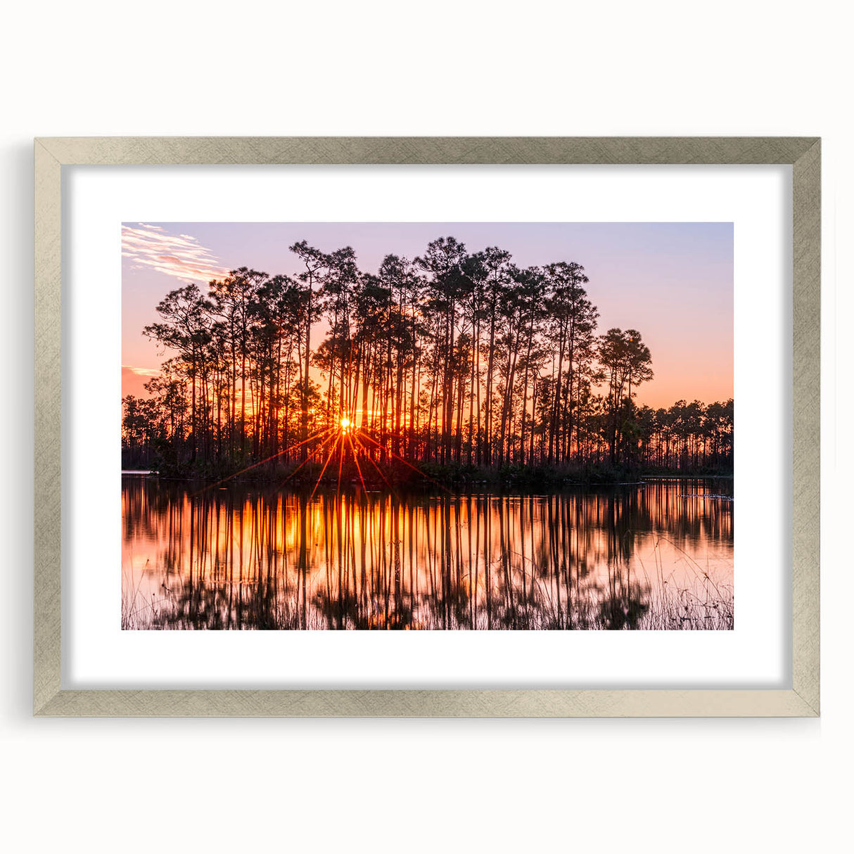 Textured art print depicting abstract Everglades scenery in muted green and blue tones, framed in silver.