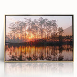 Large art print of the Everglades with lush greenery and water, in a gold-framed acrylic, styled in mid-century modernist.