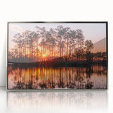 Mid-century modernist art depicting the Everglades in muted green and blue tones, framed in silver acrylic.