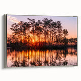 Framed canvas landscape art painting of the Everglades in muted greens and blues, ideal for a living room.