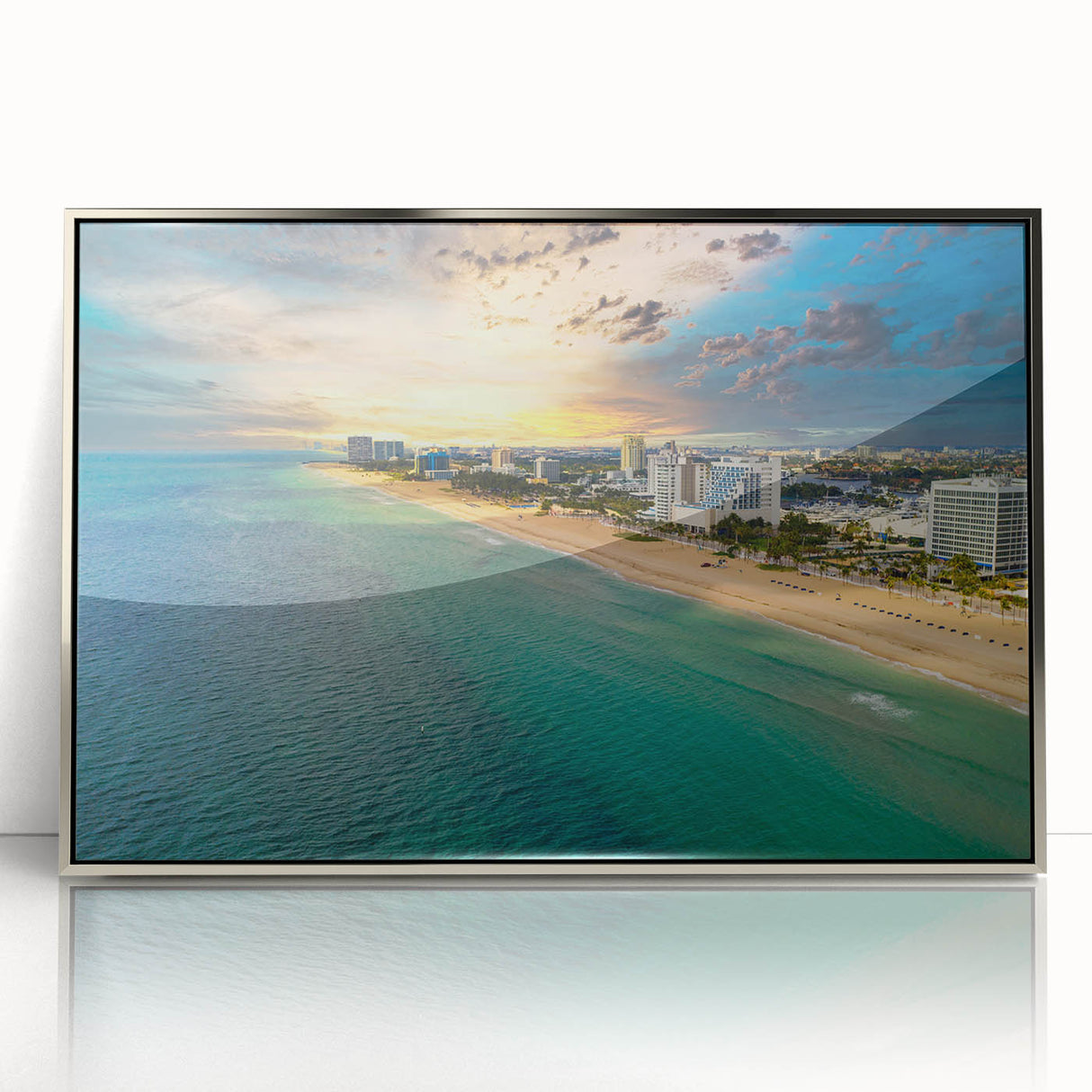 Mid-century modernist art of Fort Lauderdale skyline in pastel shades on a silver-framed acrylic print.