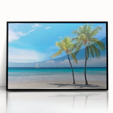 Large abstract wall art depicting the Florida Keys in muted blue and green tones on a framed acrylic.