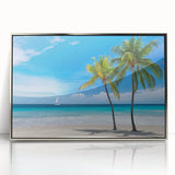 Mid-century modernist art depicting the Florida Keys scenery in muted blue and green tones on a silver-framed acrylic print.