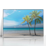 Art Deco style poster of Florida Keys scenery in muted aqua and coral tones, framed in white acrylic.