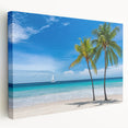 Side view of a stretched canvas depicting the Florida Keys scenery in vibrant oceanic blue and green hues.