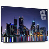 Acrylic print of a large abstract depiction of Miami, featuring vibrant shades of blue and pink.