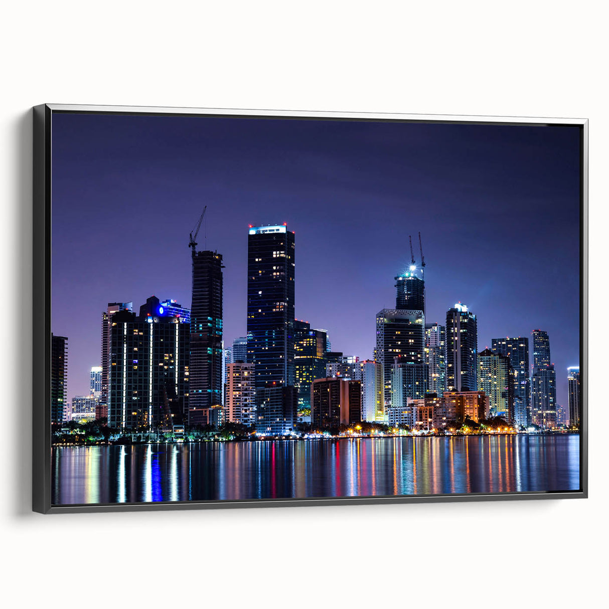 Black and white framed canvas of a Miami landscape in vintage poster style, suitable for bedroom decor.