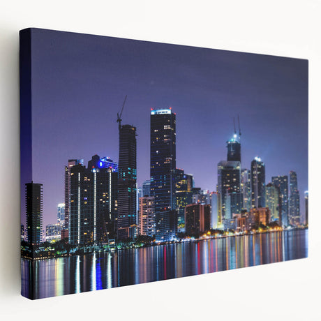 Large art print of Miami skyline in vibrant colors on stretched canvas, ideal for kitchen wall art.