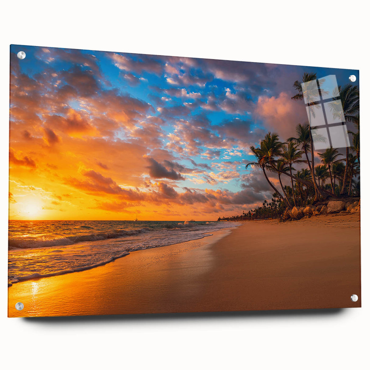 Acrylic print of a serene Palm Beach scenery with soft pastel hues, ideal for bedroom or dining room decor.