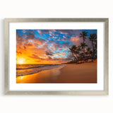 Textured abstract art print of Palm Beach with muted blue and beige tones on a framed silver mat, ideal for bedroom art.