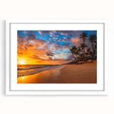 Abstract art print of Florida Palm Beach with muted blue and white tones on a framed poster, ideal for dining room decor.