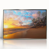 Mid-century modernist art depicting Palm Beach with pastel hues on a silver-framed acrylic print.