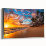 Framed canvas of a vintage-style landscape painting featuring Palm Beach, with vibrant colors on a black background.