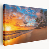 Large art print of Palm Beach scenery on stretched canvas, featuring soft blue and sandy hues, ideal for kitchen wall art.