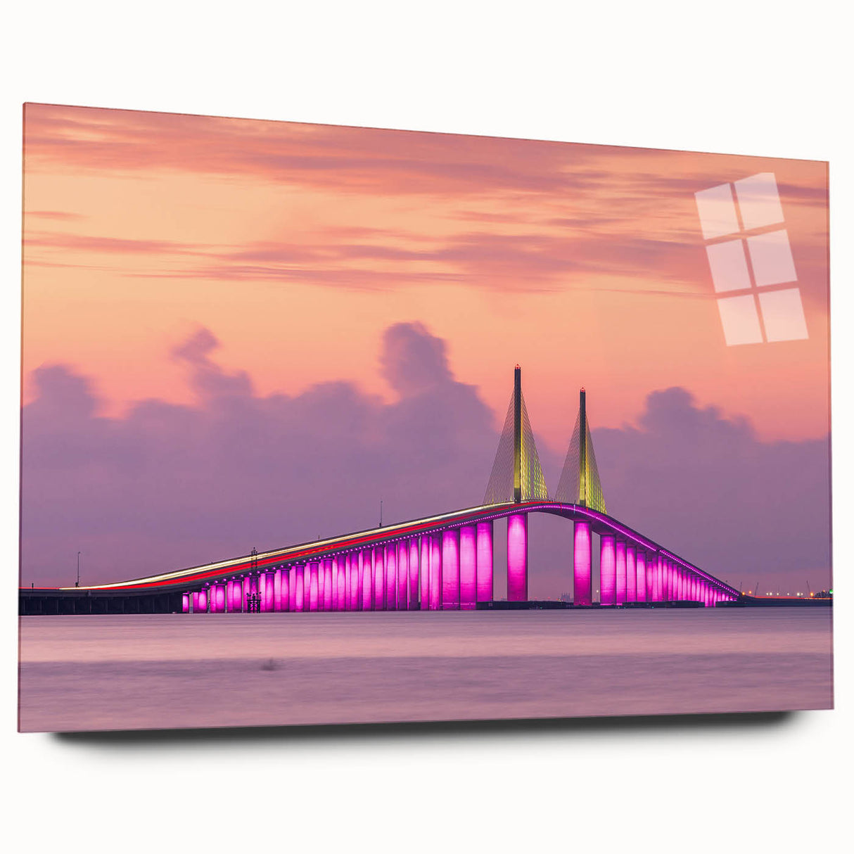 Large abstract wall art of Tampa skyline in muted blue tones on acrylic glass, ideal for bedroom or dining room decor.