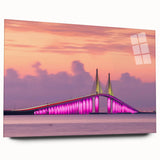 Large abstract wall art of Tampa skyline in muted blue tones on acrylic glass, ideal for bedroom or dining room decor.
