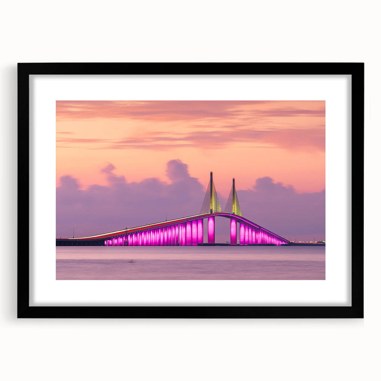 Extra large abstract art print of colorful, textured Tampa scenery on a black framed canvas, ideal for living room decor.
