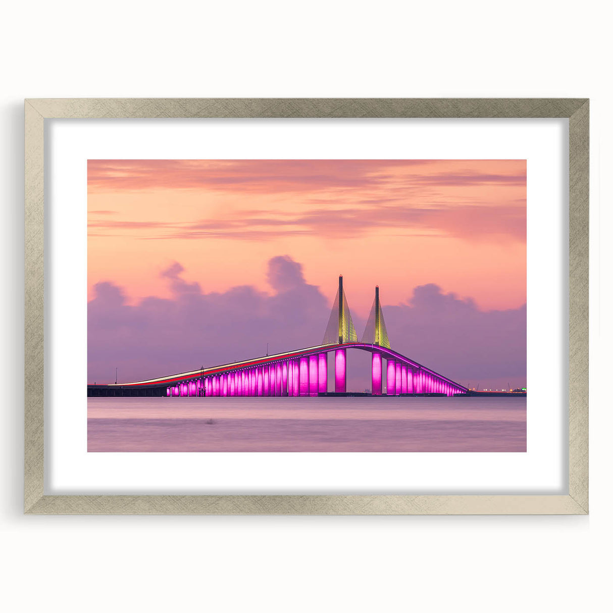 Textured art print of abstract Tampa skyline in muted blue and gray tones, framed in silver, ideal for bedroom wall decor.