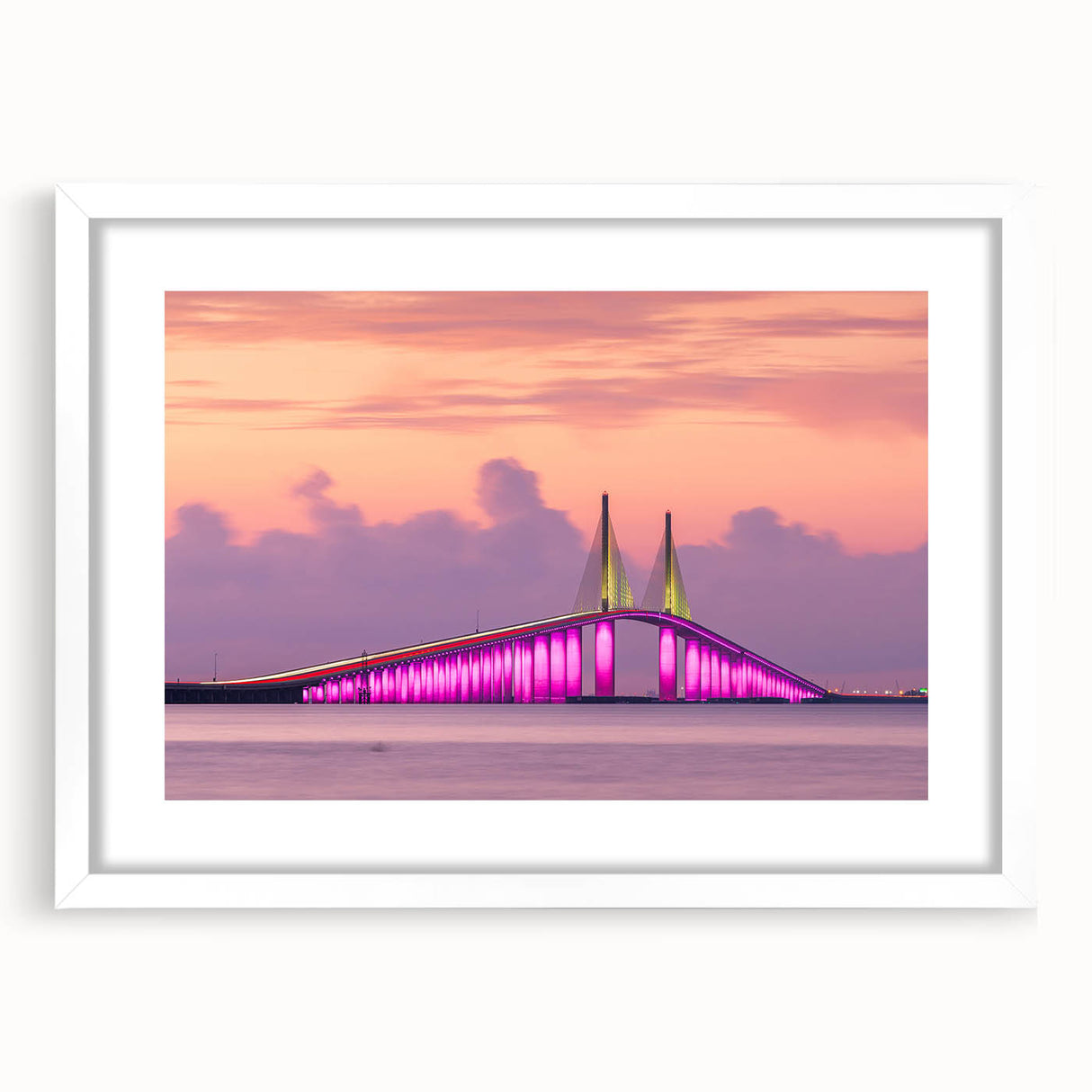 Abstract art print of Tampa skyline in muted gray and blue tones on a white framed canvas, ideal for dining room decor.