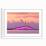 Abstract art print of Tampa skyline in muted gray and blue tones on a white framed canvas, ideal for dining room decor.