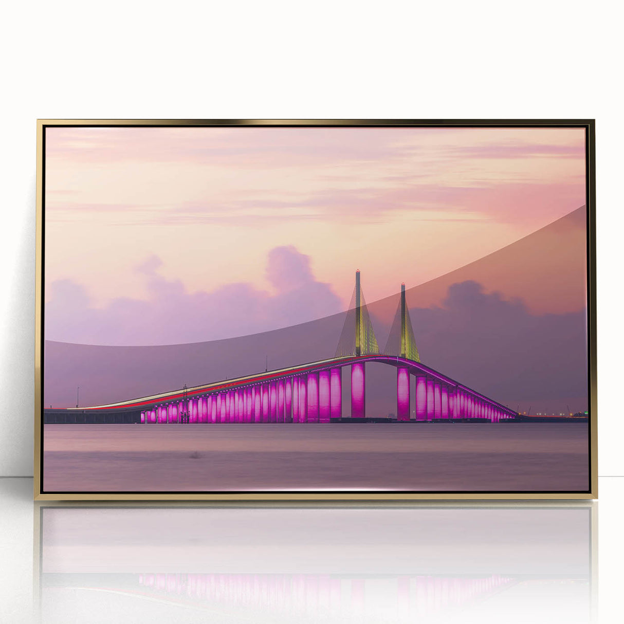 Framed acrylic print of Tampa skyline in mid-century modernist style, featuring muted gold and blue tones.