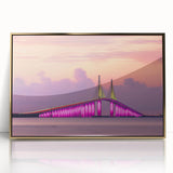 Framed acrylic print of Tampa skyline in mid-century modernist style, featuring muted gold and blue tones.