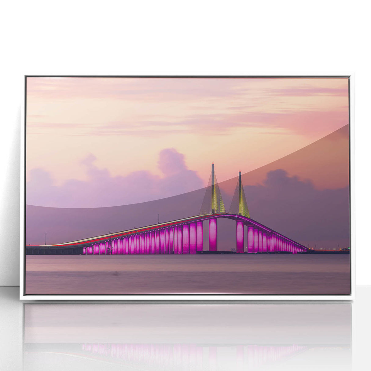 Framed acrylic print of Tampa skyline in art deco style with pastel shades, ideal for modern art wall decor.