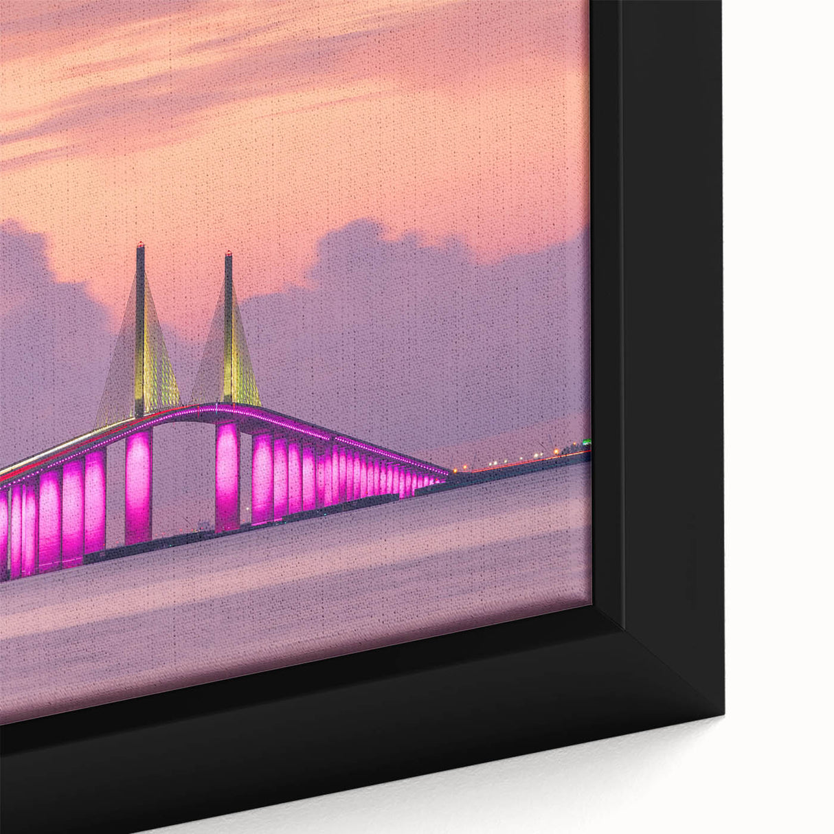 Extra large framed canvas featuring a textured depiction of Tampa's skyline in black with colorful accents.