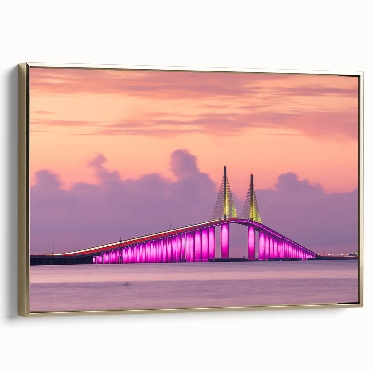 Framed canvas featuring a vintage-style landscape painting of the Tampa skyline in muted gold and black tones.