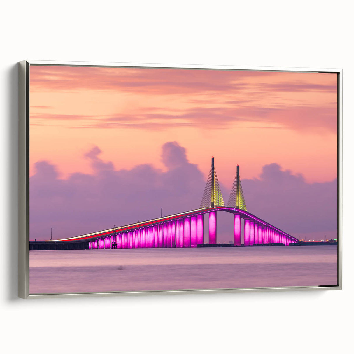 Framed canvas landscape art painting of Tampa, Florida, featuring vibrant colors with a vintage poster style.
