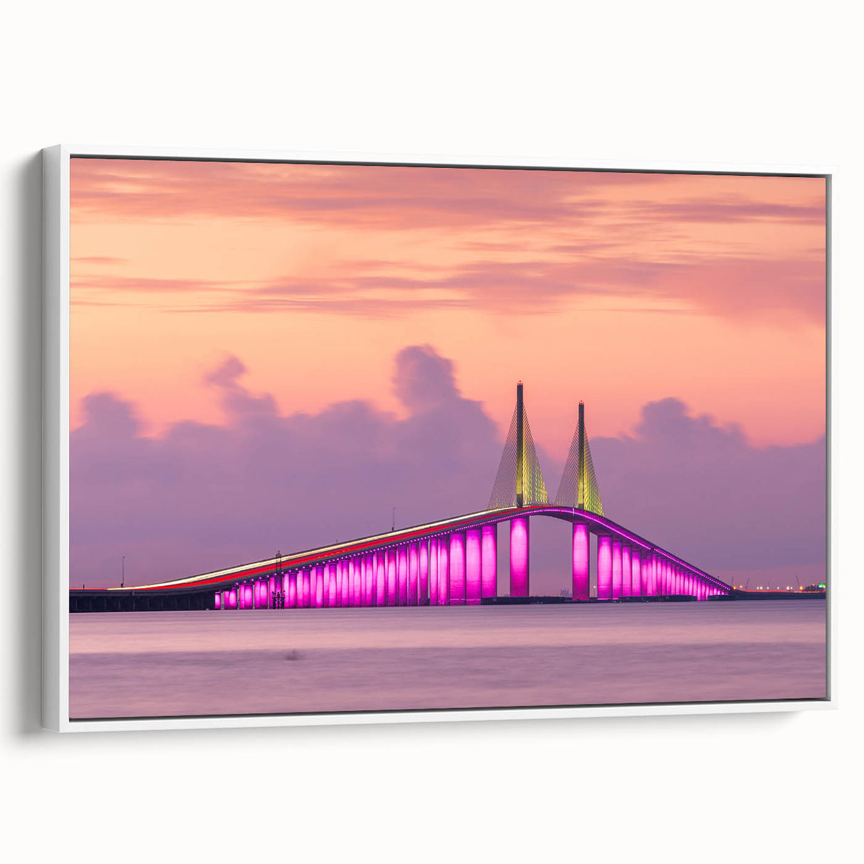 Vintage poster art of Tampa, Florida skyline in vibrant colors on a large framed canvas, ideal for living room decor.