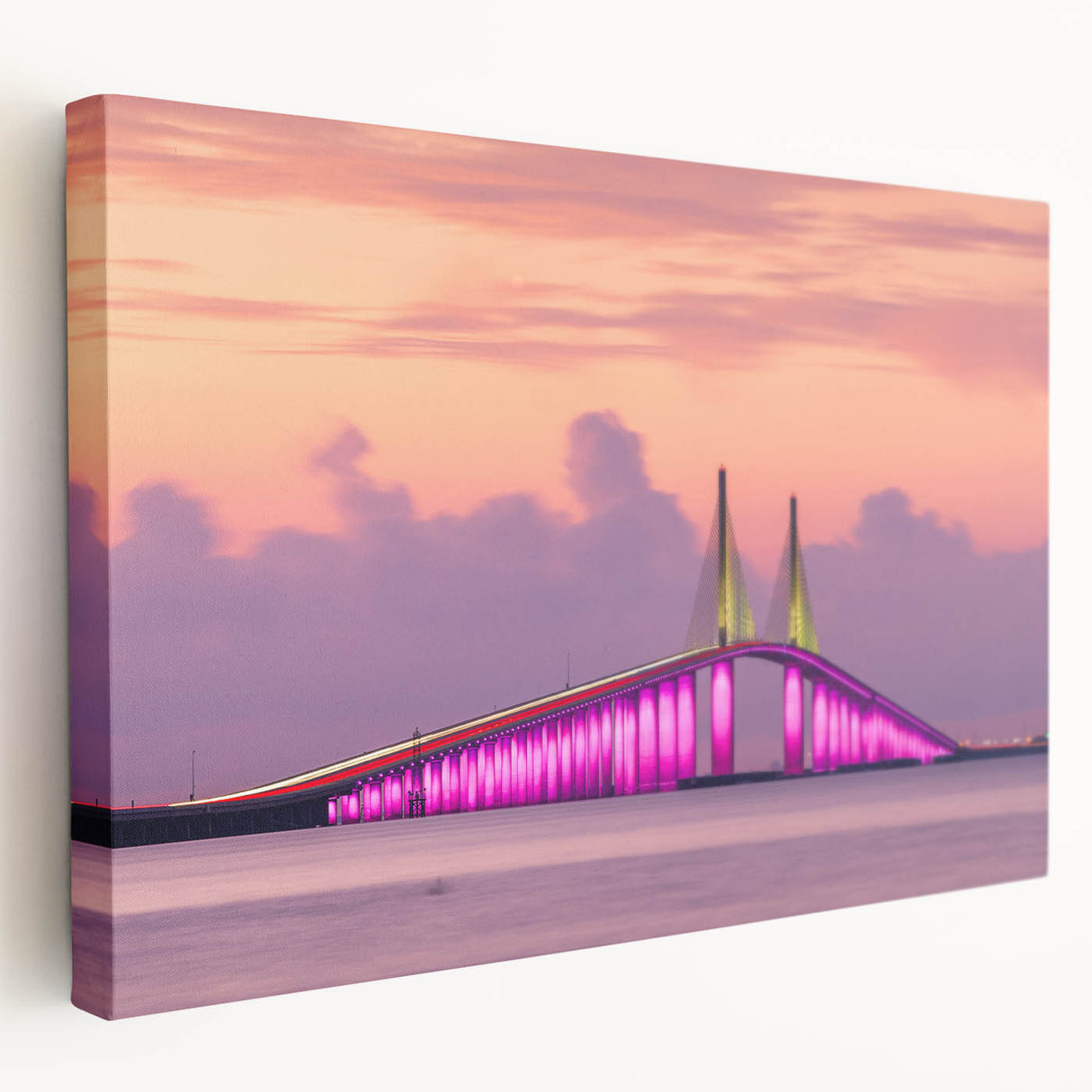 Side view of a stretched canvas featuring a vibrant depiction of the Tampa skyline, ideal for kitchen wall art.