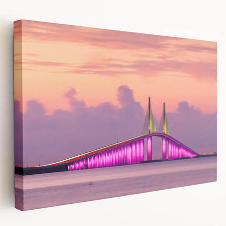 Side view of a stretched canvas featuring a vibrant depiction of the Tampa skyline, ideal for kitchen wall art.