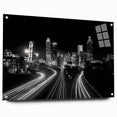 Acrylic print of Atlanta skyline in muted gray and blue tones, ideal for modern bedroom or dining room decor.