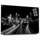 Acrylic print of Atlanta skyline in muted gray and blue tones, ideal for modern bedroom or dining room decor.