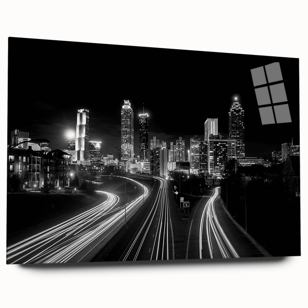 Acrylic print of the Atlanta skyline in muted blues and grays, ideal for bedroom or dining room art.