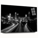 Acrylic print of the Atlanta skyline in muted blues and grays, ideal for bedroom or dining room art.