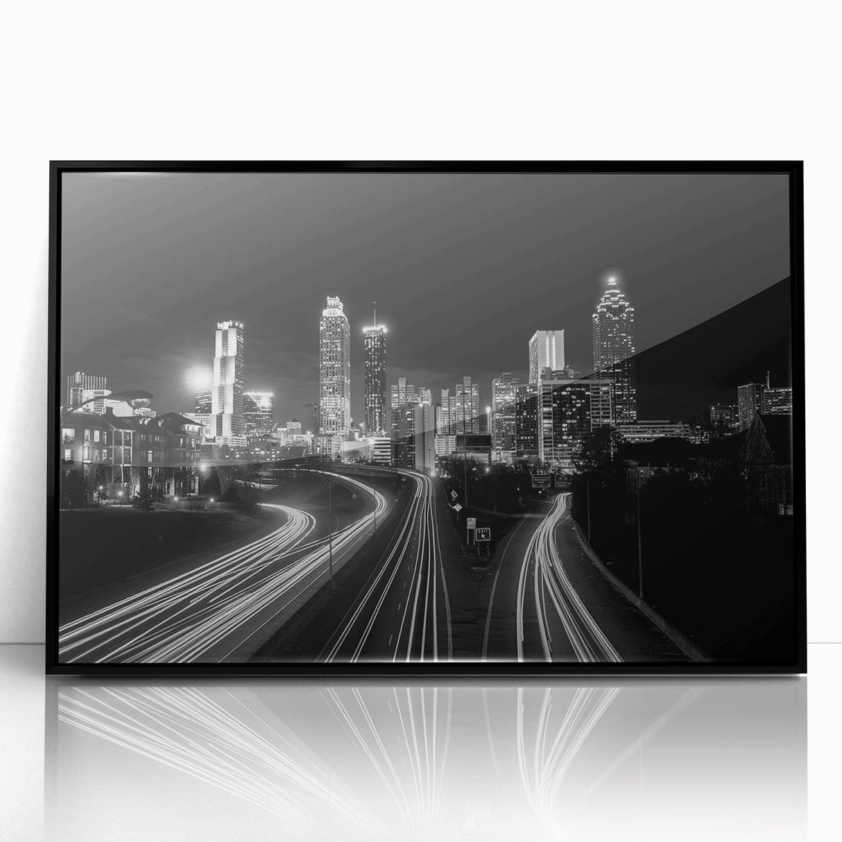 Large abstract wall art featuring a stylized Atlanta skyline in muted gray and black tones, framed acrylic.