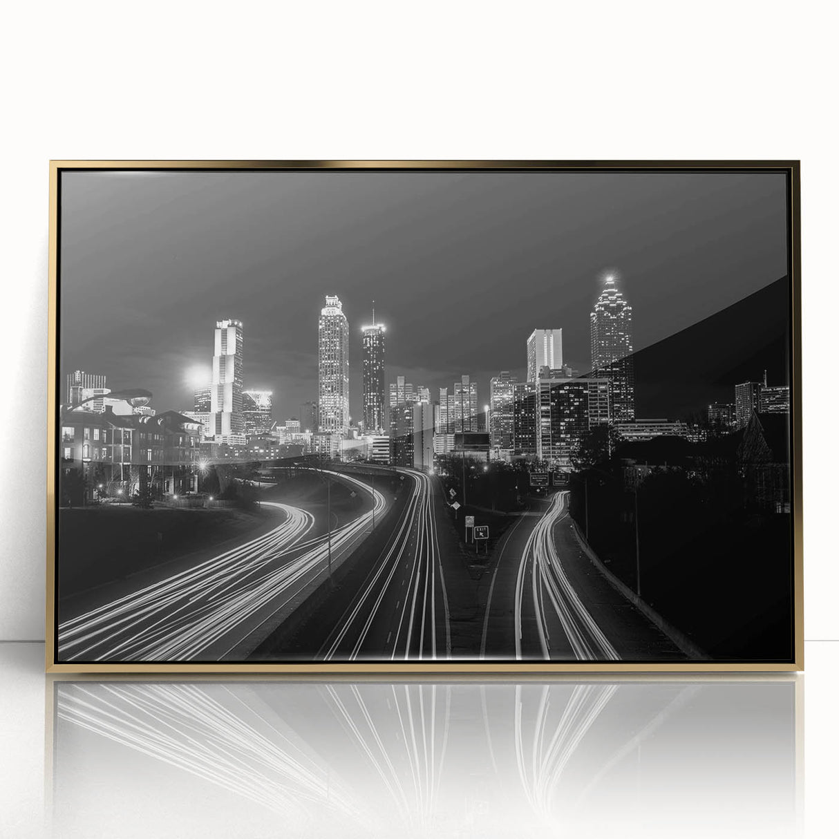 Large art print of Atlanta skyline in muted gold and gray tones on framed acrylic, ideal for modern art wall decor.