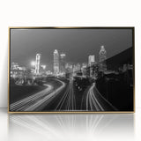 Large art print of Atlanta skyline in muted gold and gray tones on framed acrylic, ideal for modern art wall decor.