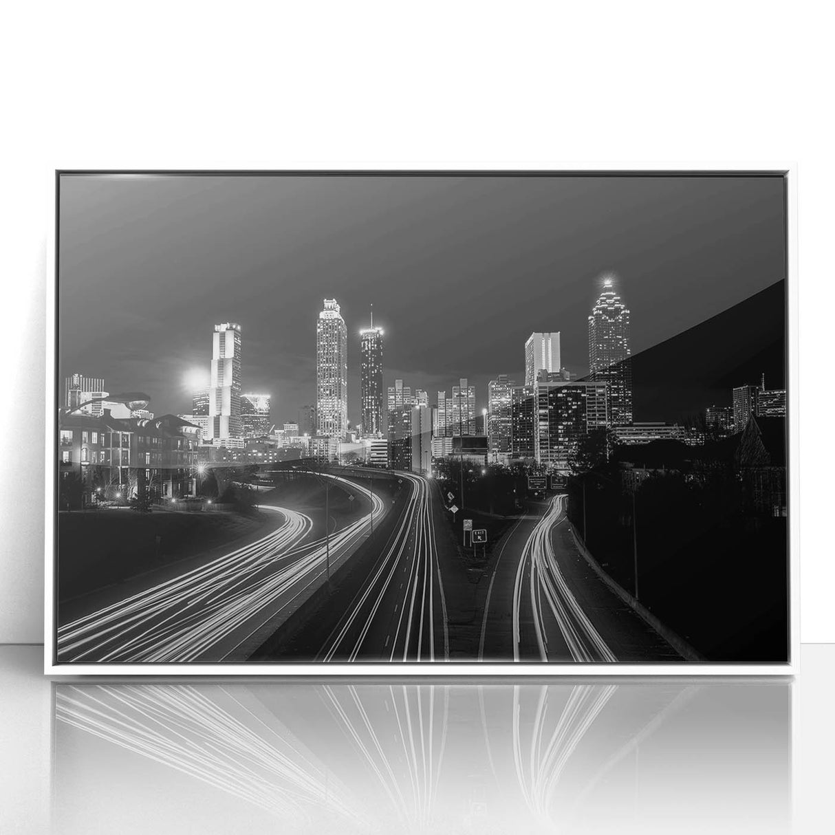Acrylic print of Atlanta skyline in art deco style with muted gray and blue tones, ideal for modern art wall decor.
