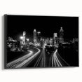Black and white framed canvas of Atlanta skyline, in vintage poster art style, ideal for bedroom wall decor.