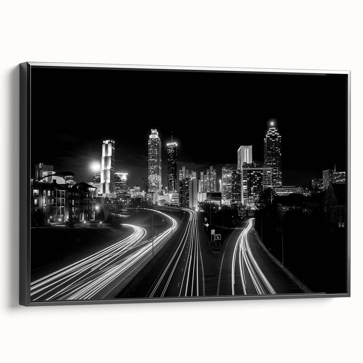 Black and white framed canvas of Atlanta skyline, in vintage poster art style, ideal for bedroom wall decor.