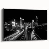 Black and white framed canvas of Atlanta skyline, in vintage poster art style, ideal for bedroom wall decor.