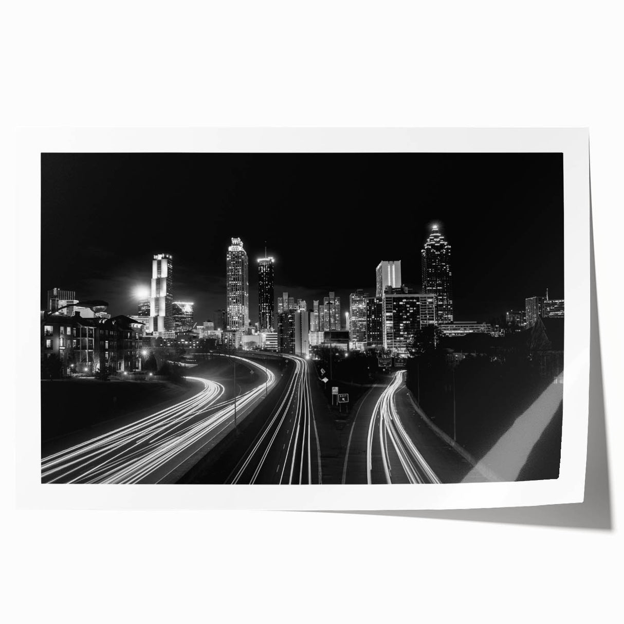 Rolled print of Atlanta skyline featuring muted gray and blue tones, ideal for art wall dining room.
